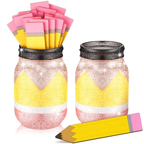 Funnymoom 2 Pcs Teacher Pencil Holder for Classroom Apple Composition Book Pencil Mason Jar 17 oz Teacher Appreciation Gift DIY Desk Organizer for Pen Back to School Desk Organizer(Cute)