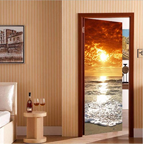 Autocollants Porte 3D Le soleil couchant sur la plage Moderne Art Auto-adhésif Poster Porte PVC Sticker Porte Autocollant Papier Peint pour Porte 80x210cm