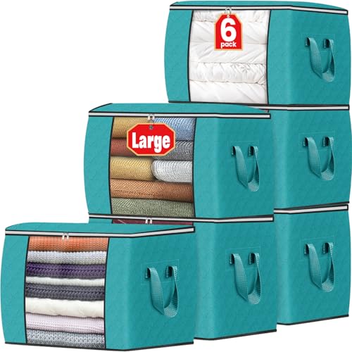 Image of Fab totes 24 Gallons Clothes Storage, Foldable Thick Fabric Blanket Storage Bags, Containers for Organizing Bedroom, Closet, Clothing, Comforter, Organization with Handle (6 Pack,Green)