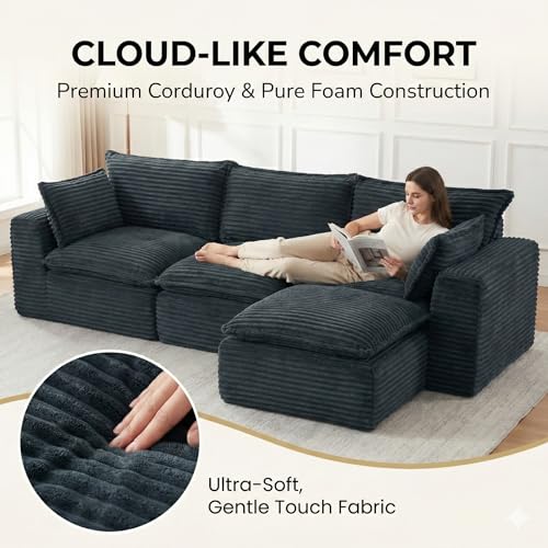 Image of 110 inch Boneless Couch for Living Room, Double-Layer Cushion Cloud Couch with Ottoman, Soft Corduroy Modular Sofa Sectional, No Assembly Lazy Couch