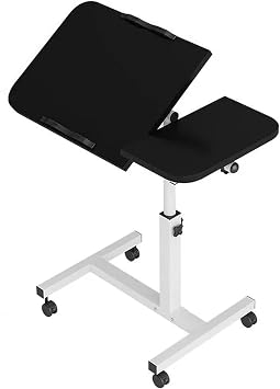 Adjustable Overbed Table with Wheels – Tilting & Height Adjustable Laptop Desk, Multi-Purpose Bedside Table for Reading, Working & Meals – Black Top with White Frame