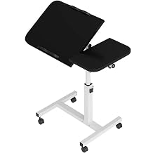 Adjustable Overbed Table with Wheels   Tilting & Height Adjustable Laptop Desk, Multi-Purpose Bedside Table for Reading, Working & Meals   Black Top with White Frame