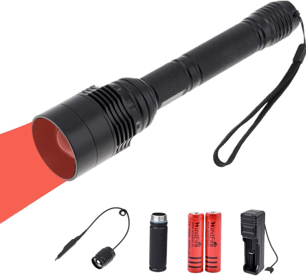 WINDFIRE LED Torch Red Light, Single Mode Zoomable Hunting Torch, Super Bright 3000 Lumen Coyote Hog Fox Red Light Hunt Light with Rechargeable 18650 Batteries and Tactical Remote Pressure Switch