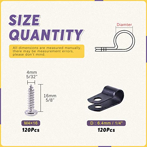 Swpeet 120 Pack Black 1/4 Inch Nylon Plastic R-Type Cable Clips Clamp Kit, Nylon Screw Mounting Cord Fastener Clips With 120 Pack Screws For Wire Management (1/4 Inch, Black) #TOP1