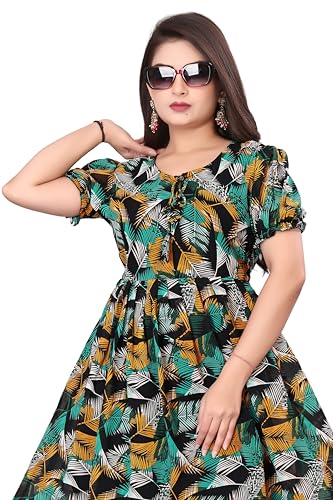 Image of Floral Print Cotton Midi Dress, Short Sleeve, White with Yellow and Red Flowers, A-Line Fit