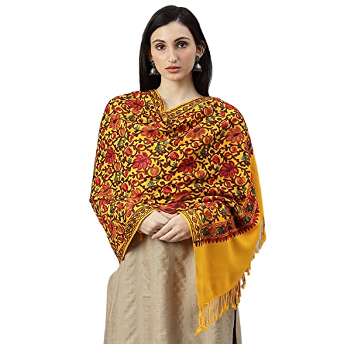 Zamour Kashmiri Embroidery Indian Shawl Stole Scarf Wrap for Wedding Parties Bridesmaid Prom (Off White, 28 inch x 80 inch), Yellow, 75 x 27 inches