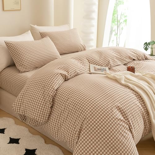 Image of ECOCOTT Gingham Duvet Cover King Size 100% Washed Cotton Like Linen Feel Super Soft & Comfy Bedding Set Modern Checkered Design for All Seasons