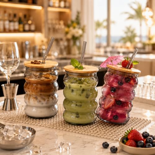 Image of Glass Tumblers with Wooden Lid and Glass Straw, 540ml, Borosilicate Glass, for Coffee, Iced Coffee, Juice and Smoothies, Coffee Mug, Sipper (Grey - Bubble Shape)
