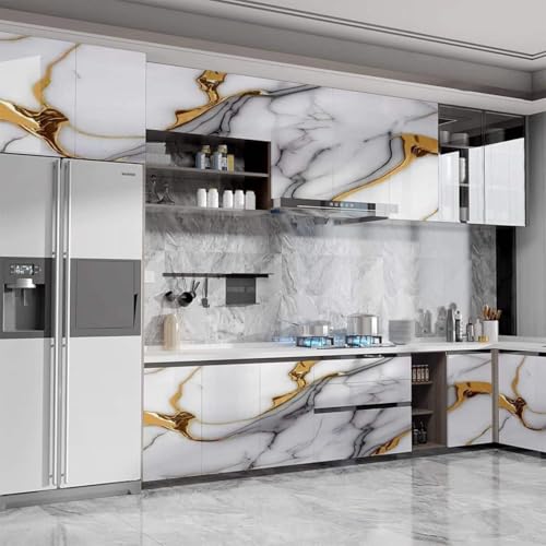 Image of VOOY Self-Adhesive Kitchen Wallpaper, PVC 3D Wall Sticker Oil Proof & Waterproof, Kitchen Backsplash Stickers Navy Blue and Golden Marble Pattern (60cm x 200cm) (Pack of 2) (TS-77)