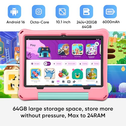 Image of aiprotablet 10 inch Kids Tablet, Android 16 Tablet for Kid, Octa-Core CPU, 24GB RAM, 64GB ROM 1TF Card Expandable for Toddler Children,Tablets with Case, Parental Control, 6000mAh,WiFi, BT5.0 (Pink)