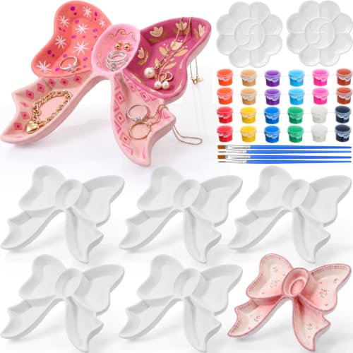 Image of Zubebe 6 Set Ceramics to Paint Bow Jewelry Tray Kit Ready to Paint Ceramics Ring Dish Holder DIY Unpainted Plates Trinket Dish Tray Crafts with Brush Palette for Mother's Day Valentine Wedding Gift
