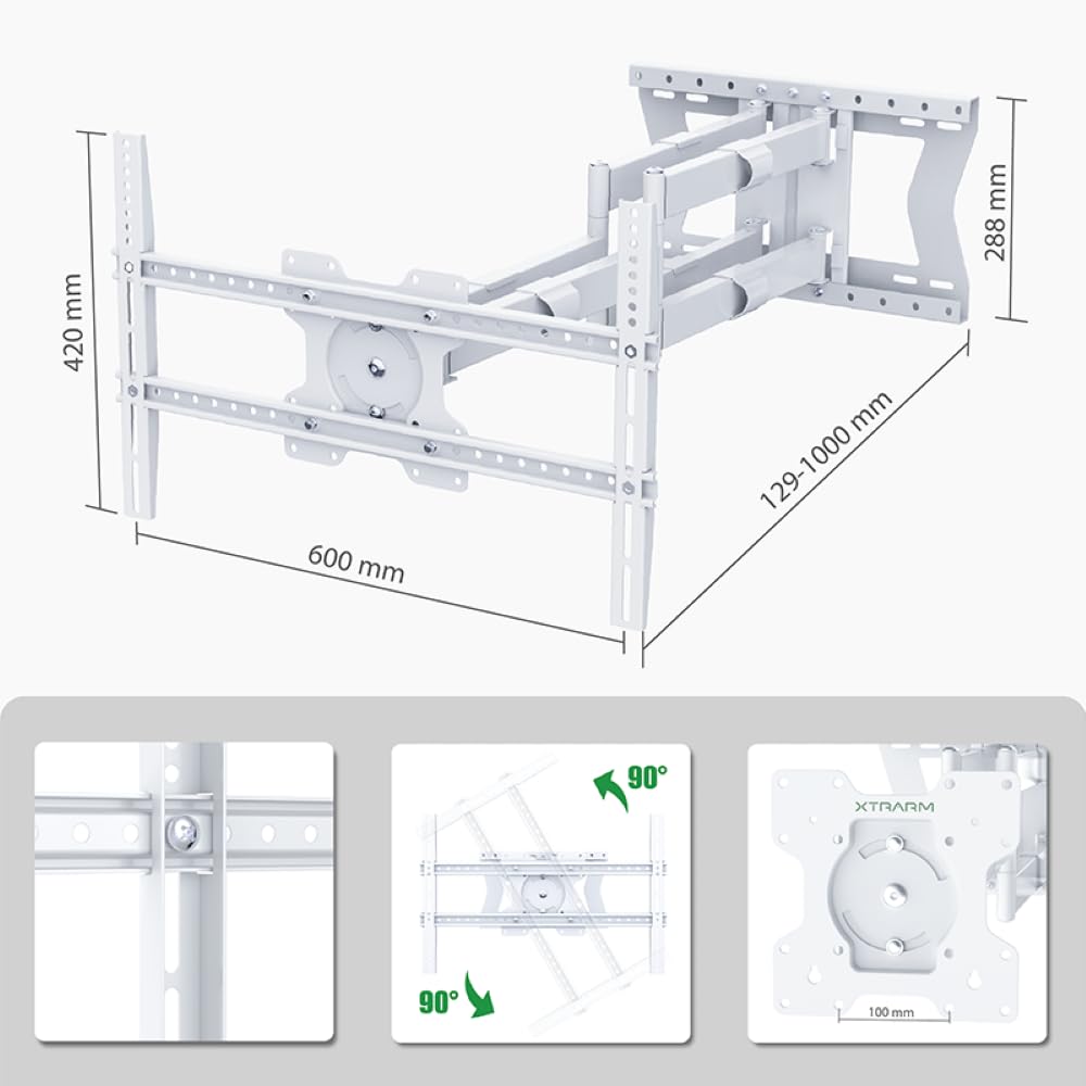 XTRARM TiTon Double 100 cm supporto TV a parete, girevole, inclinabile 80kg, VESA max.600x400 bianco