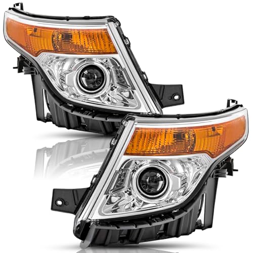 TUSDAR Headlight Assembly Set Compatible with 2011-2015 Ford Explorer Driver and Passenger Side (Chrome Housing with Amber Reflector)