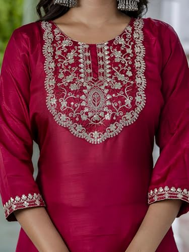 Image of LookMark Women's Viscose Rayon Trendy Regular Fit Embroidery Kurti with Bottom & Dupatta|Kurti Set for Women