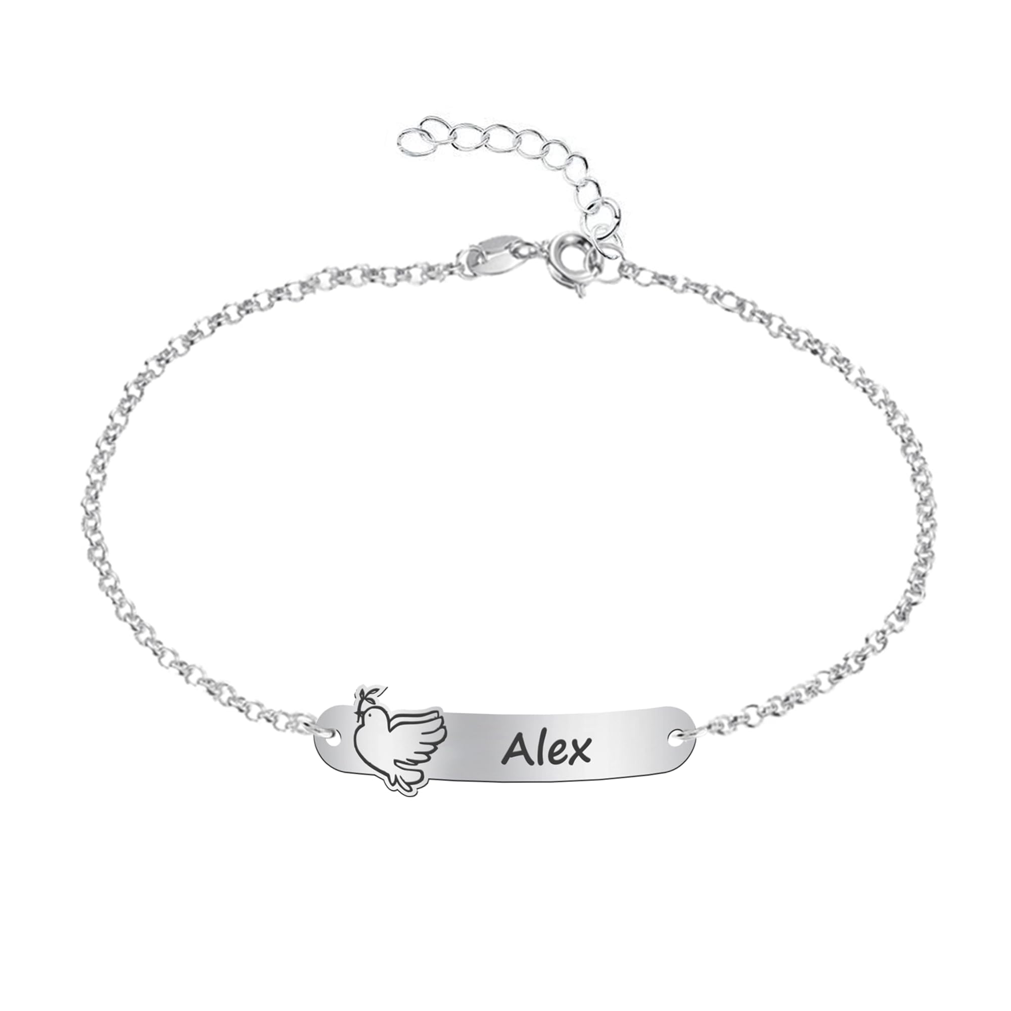 MI JOYA PERSONALIZADA - Pulsera Comunión Niña Personalizada - Esclava plata con Motivo Religioso y Grabación - Regalo perfecto (Paloma)