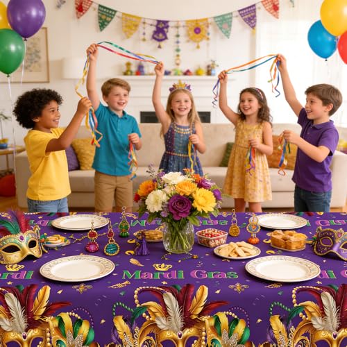 Image of Mardi Gras Tablecloth, 2 PCS Mardi Gras Table Cloth Disposable, Plastic Purple Carnival Mask Decorative Masquerade Tables Cover Rectangular for Mardi Gras Party Decoration Supplies, 54 X 108 Inch