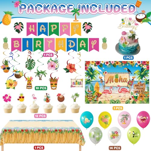 Image of Hawaiian Birthday Party Decorations Kit - Includes inchHappy Birthday inch Banner, Hanging Swirls, Aloha Backdrop, Balloons,Cake Toppers, Tablecloth for Tropical Luau Theme Party Supplies