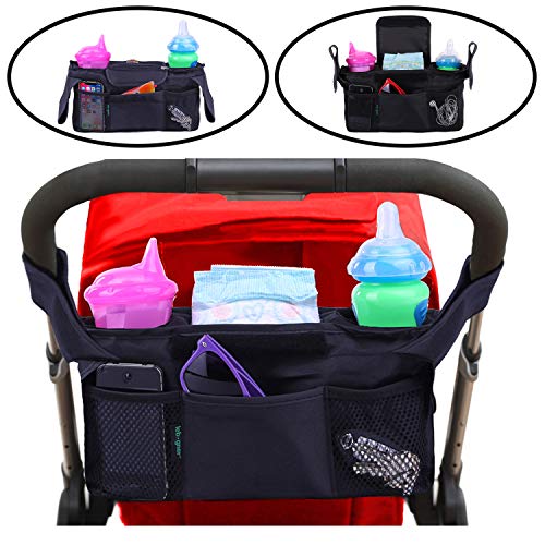 Lebogner Stroller Organizer, Insulated Deep Pocket Stroller Cup Holder To Keep Warm Or Cold Bottles, Extra Stroller Storage Space Accessories Pouch, Secured Universal Fit Black Baby Diaper Hanging Bag