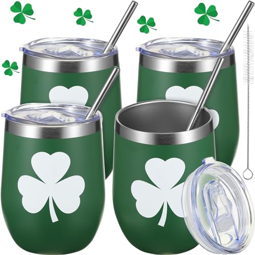 Patelai 4 vasos de acero inoxidable con tapa, taza de vino de viaje, botella de té, aislada al vacío, taza de café de doble capa (12 onzas)
