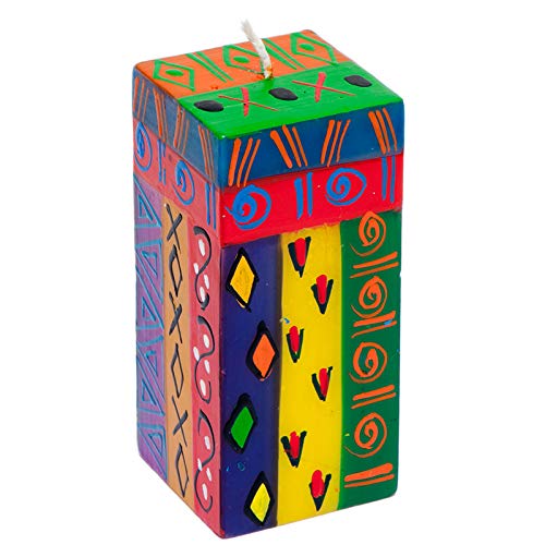 Kapula South African Cube Candle - Hand Painted Multi Coloured Ethnic Design - Premium Wax with Single Wick - Long Burn Time - Stylish Home Decor - 5 x 5 x 11 cm