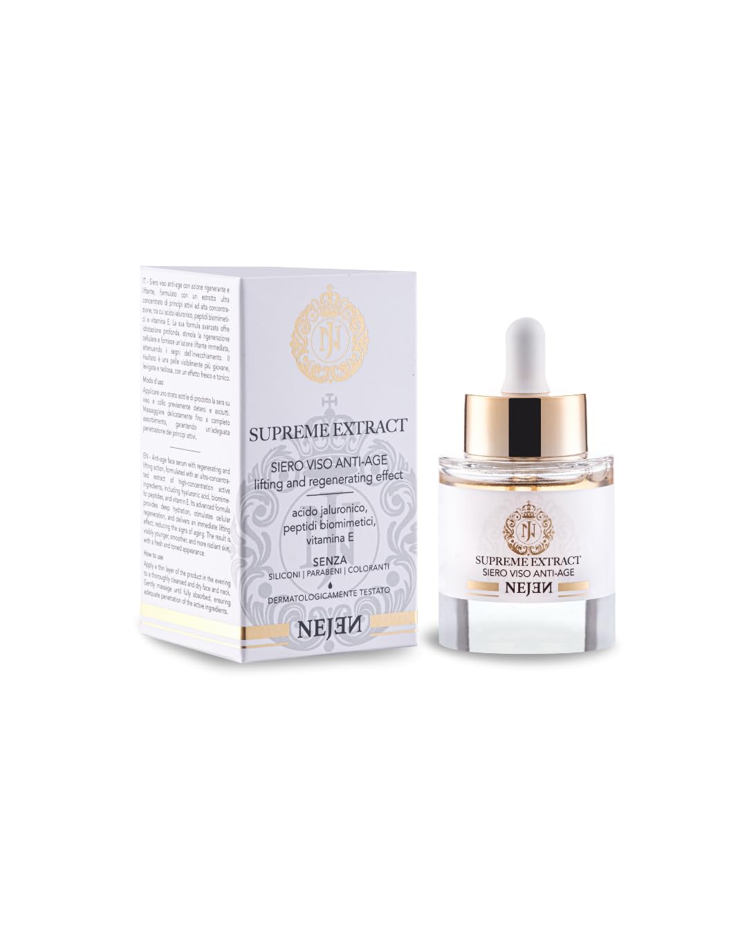 Nejen Supreme Extract Siero Viso Ultra-Lifting - Riduce Rughe e Macchie, Rassoda e Illumina - con Acido Ialuronico a 3 pesi, peptidi e il 93% di ingredienti naturali - Made in Italy