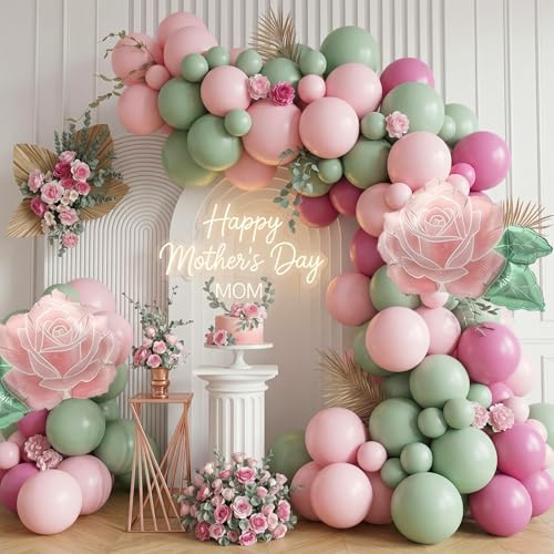 Floral Tea Party Balloon Garland Kit - Sage Green & Pink Arch with Rose Foil Balloons for Mothers Day Garden Party Baby in Bloom Shower & Elegant Afternoon Tea Decorations