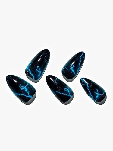 GLAMERMAID - Uñas postizas cortas a presión, color negro medio almendra con pegamento, uñas postizas acrílicas, juegos de uñas adhesivas, pestañas