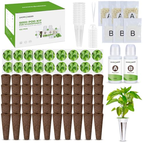 Image of Ahopegarden 132pcs Hydroponic Pods Kit: Compatible with AeroGarden Herb Kits with 50 Grow Sponges, 50 Pods Lable, 12 Grow Baskets and Dome, 8 A&B Plant Food, Indoor Garden Kit Supplies for Most Brands