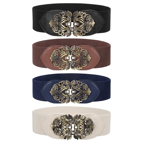 LEACOOLKEY 4 Pack Women Vintage Wide Waist Belts for Dress, Elastic Cinch Belt with Retro Interlocking Buckle