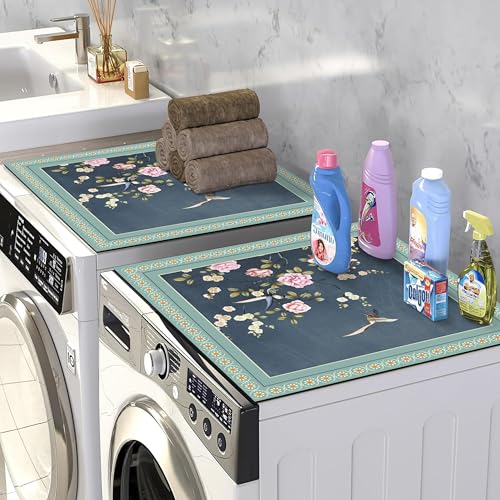 Image of Yellow Weaves Washer & Dryer Cover for Top, 60 x 60 cm, Washing Machine Top Protector Mat for Kitchen /Laundary Room, Water Absorbing, Dustproof, Scratch Resistant & Non-Slip (Floral Blue)