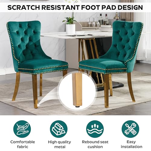 Image of 7-Piece Dining Table Set with 47In Tempered Glass Table and 6 Velvet Upholstered Chairs, Modern Scandinavian Furniture for Dining Room Kitchen(Green&Gold)