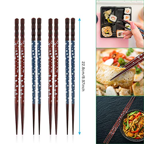 Ideashop Natural Wooden Chopsticks with Chopstick Rest Set, Reusable Japanese Style Chopsticks, 4 Pairs Cherry Blossom Pattern Wood Chopsticks Set, 23cm/9in Long, for Sushi, Ramen, Noodles, Rice