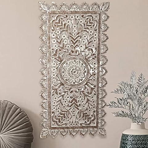 MARRAKESCH Wandbild Wanddeko aus Holz 90cm gross Ornament Bodhi weiss als Orientalische Dekoration Shabby Weiss Cover