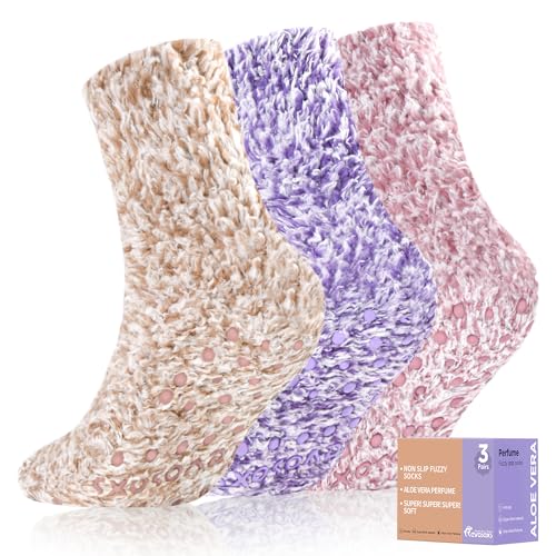 Revosoxs Fuzzy Socks with Grips for Women Men Non Slip Hospital Crew Cozy Socks with Aloe Vera Perfume(Brown+Purple+Pink)