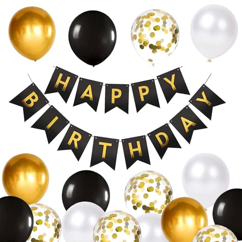 Luftballons Geburtstag Dekoration Set, Schwarz Gold Geburtstagsdeko Happy Birthday deco Banner Party Decor Geburtstag Set mit Schwarz Gold Latex Luftballons Konfetti Ballons（Schwarz&Gold）