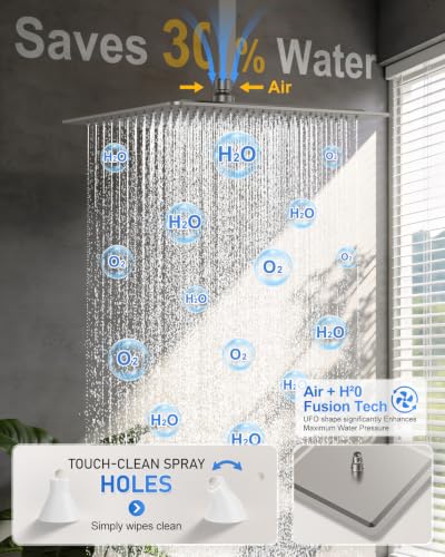 Image of Woindo 4 Function Shower Faucet Set 12 inch Rain Shower Head /6'' Side Shower Head and 3 Setting Handheld Ceiling Mount Push Button Diverter Complete Rainfall Round Shower System Included Valve Trim Kit
