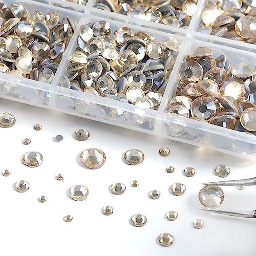 Image of 6736pcs Hotfix Rhinestones Flatback,Gold Rhinestones for Crafts Clothes Mixed 5 Sizes, Hotfix Crystals with Tweezers and Wax Pencil Kit, SS6-SS30,Golden Shadow