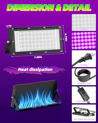 Image of 50W Black Lights, IP66 Waterproof Outdoor LED Black Light Floodlights with Switch, Plug, 6ft Cord for Glow Party, Body Paint, Fluorescent Poster, Halloween Decorations