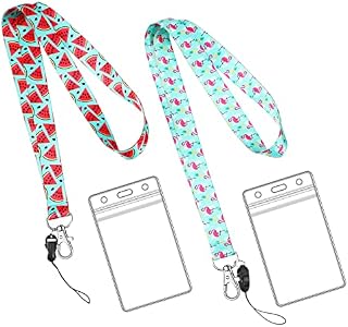 2 Pcs Summer Lanyard Flamingo Watermelon Lanyard with Card Holder Set for Neck Key Holder, Keychain, Phone, Badge Holder, Summer Party for Family, Child
