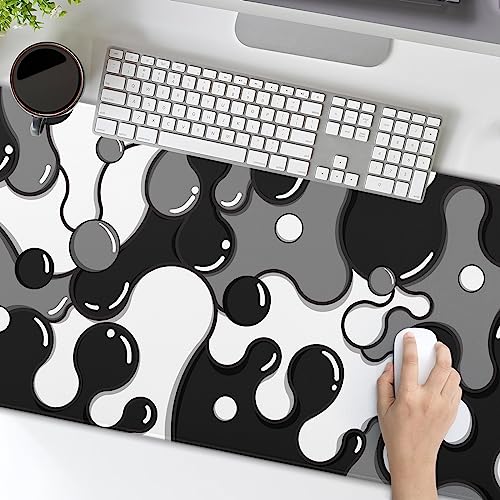 Image of Black White Grey Mouse Pad XXL Anime Cool Geometric Japanese Extended Desk Mat 90X40 CM Non-Slip Rubber Base Stitched Edge Large Mousepad for Gaming Laptop Computer Desktop 35.4x15.7 Inch