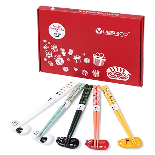 YUESHICO Chopsticks and Chopstick Holder - Cute Chopsticks and Lucky Cat Chopstick Rest Set, 5 Animal Chopsticks and Cute Lucky 5 Cats Natural Wood Reusable Chopsticks, Chopsticks Holder Gift Set