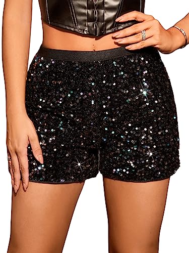 GORGLITTER Damen Glitzer Shorts Party Festival Outfit Rave Clubwear Pailletten Shorts Freizeitshort Glänzend Kurz Hose Herbst Outfit Schwarz XL