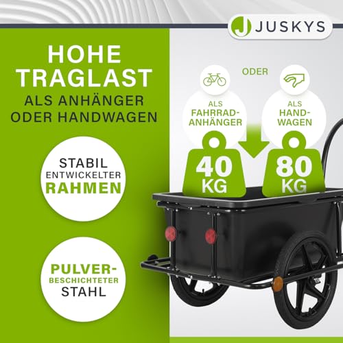 Juskys Fahrradanhänger 90 Liter - Lastenanhänger mit Kupplung, Deichsel — Anhänger für Fahrrad 40/80 kg Zuladung - Transportanhänger mit Schutzplane
