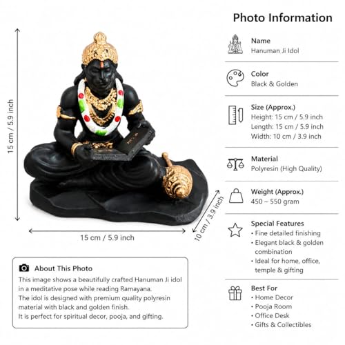 Image of Rhythm PRO Meditating Hanuman Ji Reading Ramayan Idol for Home Decor, Pooja Room, Office Desk & Gift Item | Black & Golden Polyresin Hanuman Statue (15 cm)