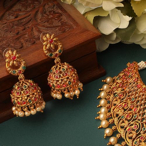 Image of Shining Diva Fashion Stylish Fancy Pearl Choker Traditional Jewellery Set for Women | Temple Necklace Set | Festive Wedding Party Necklace | 22k Gold Plated | Just Like Original Gold Jewellery