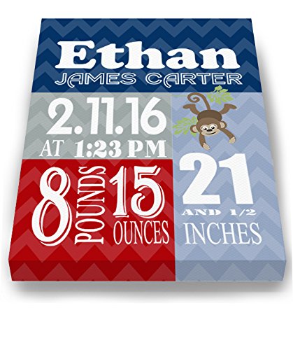 Personalized Stretched Canvas Birth Announcement Gift, Custom Baby Name, Date, Weight Stats, Newborn Nursery Monkey Wall Art Decor, Wooden Frame Construction, Ready to Hang 11X14