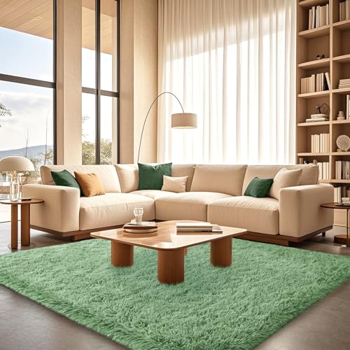 Green Fluffy Rugs for Living Room 5x7 ft - Ultra Soft Faux Fur Area Rug - Plush Non-Slip Shaggy Carpet for Bedroom, Kids Boys Girls Dorm Nursery Room