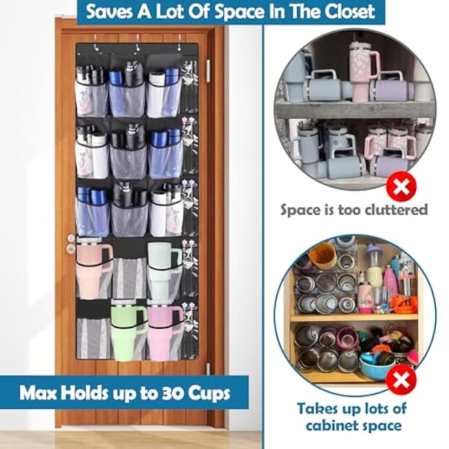 AIERSA Tumbler Organizer for Stanley 40 30 oz Cups,15 Large Water Bottle Storage Pockets Over the Door for Various Sizes Cup, Tumbler Storage Holder, Kitchen Cabinets Organizers Accessories