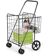 Safstar Folding Shopping Cart, Metal Grocery Cart w/Extra Basket & 360° Swivel Wheels & Non-Slip ...