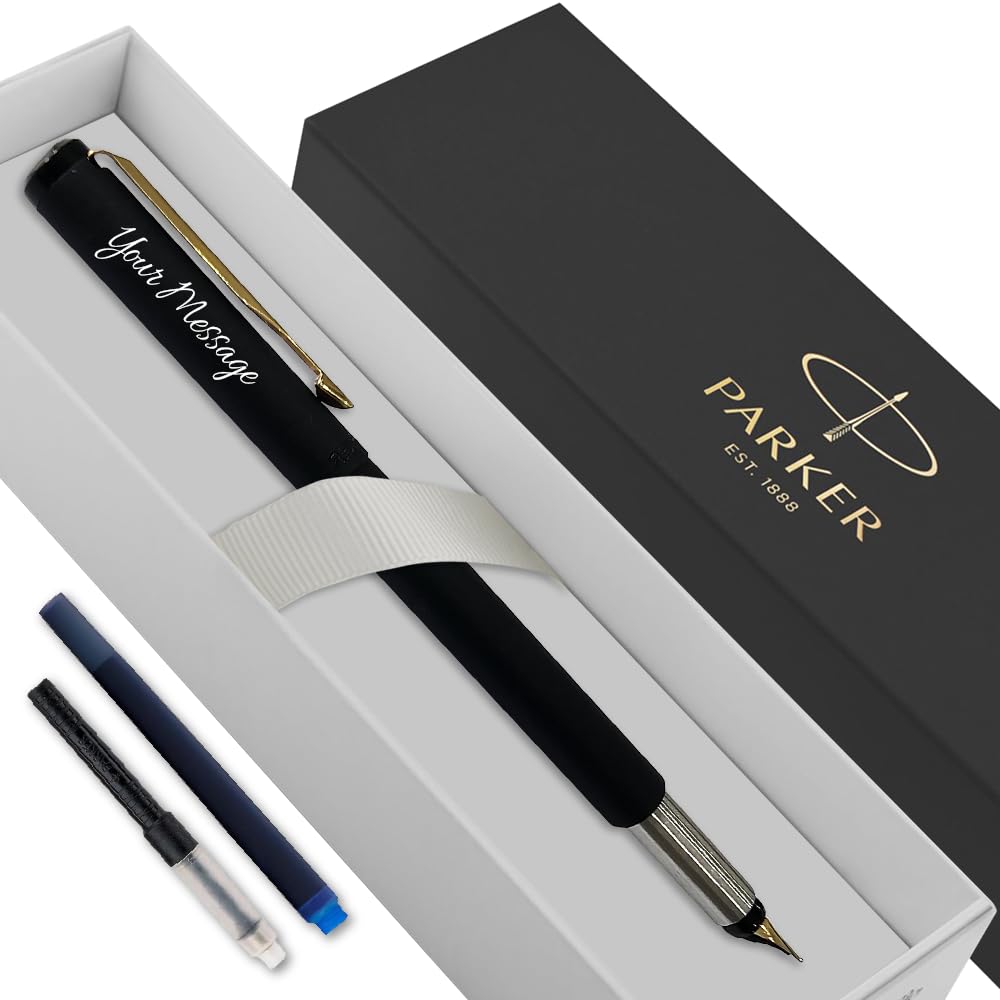 Personalised Parker Vector Fountain Pen With Colour Option (Blue or Black Ink Cartridge) & Converter | Elegant Gift Box Birthday Gift Perfect for Men & Women with Laser Engraving (Matte Black & Gold)